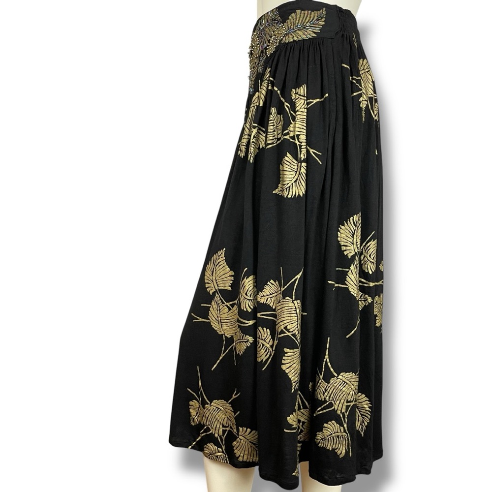 Jersey Skirt Beaded Waist Floral Black Stretch One Size Rayon Dramatic Gold